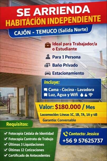 🏡 SE ARRIENDA HABITACIÓN INDEPENDIENTE – CAJÓN, TEMUCO (Salida Norte)
